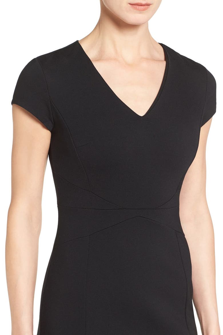 Seamed V-Neck Ponte Sheath Dress, Alternate, color, BLACK