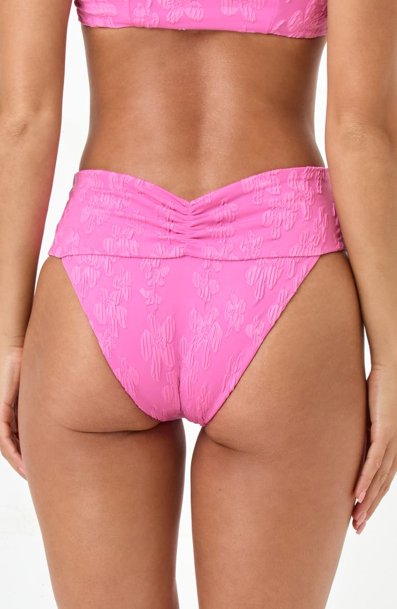 LSPACE Bardot Ruched Jacquard High Waist Bikini Bottoms, Alternate, color, Hottest Pink
