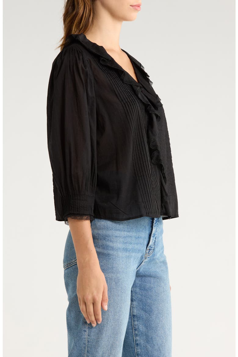 Mare Ruffle Cotton Button-Up Top, Alternate, color, BLACK