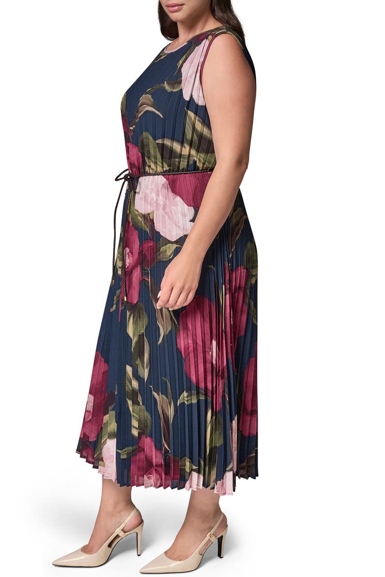 Floral Pleated Chiffon Midi Dress, Alternate, color, NAVY/ BLCK