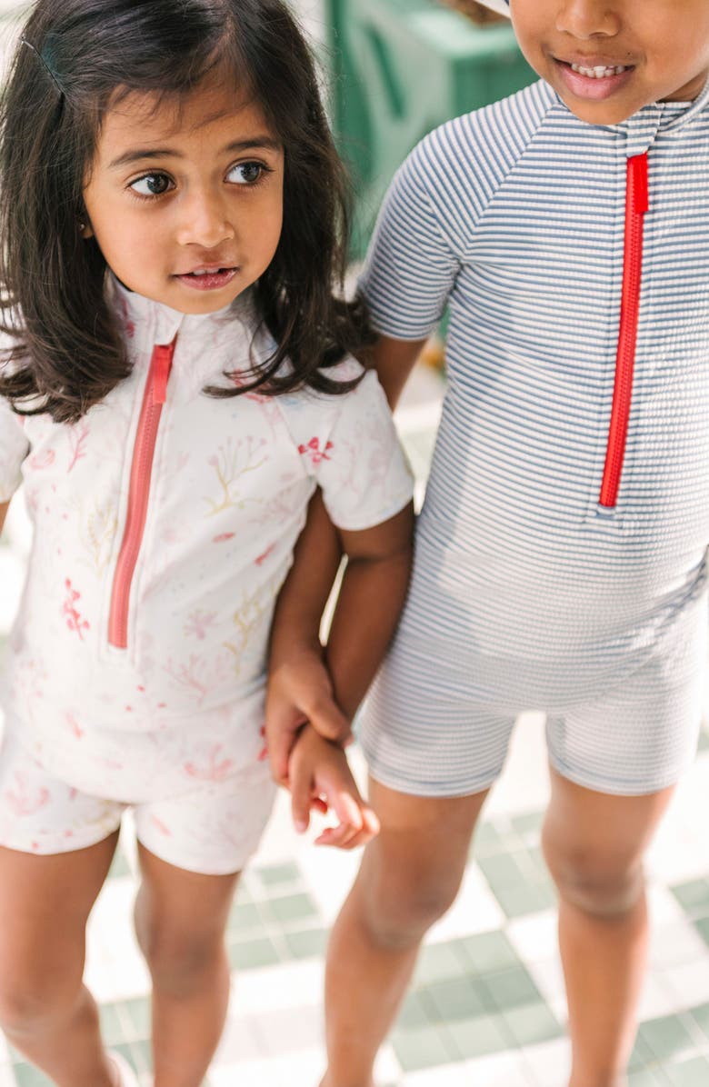 Pehr Kids' Short Sleeve One-Piece Rashguard Swimsuit, Alternate, color, Seersucker Ink