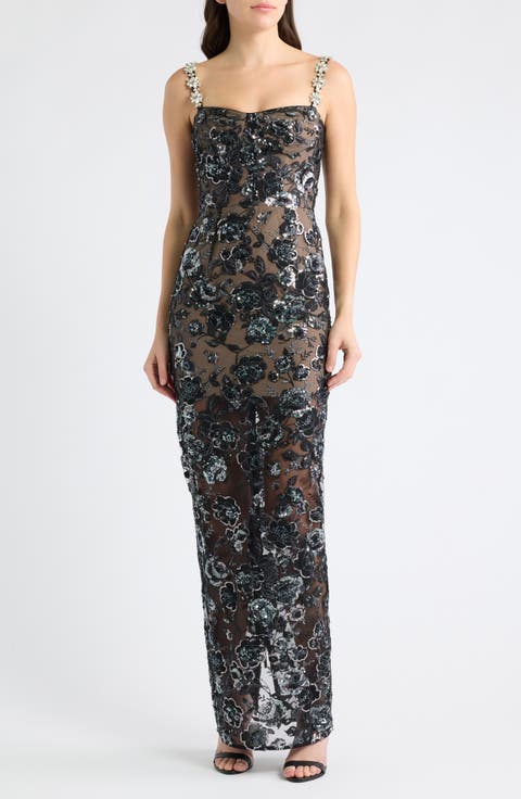 Dahlia Sequin & Crystal Floral Sheath Gown