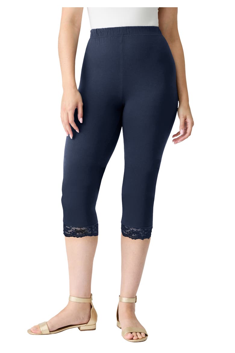 Lace Trim Essential Stretch Capri Legging, Main, color, NAVY