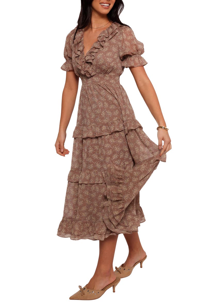 Dayla Floral Ruffle Midi Dress, Main, color, BROWN/ LIGHT BEIGE