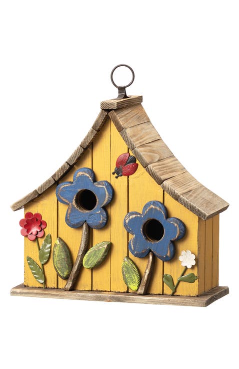 Distressed Solid Wood Birdhouse with 3D Flowers