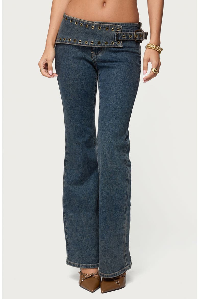 Asymmetric Grommet Detail Low Rise Jeans, Main, color, BLUE-VINTAGE-WASHED