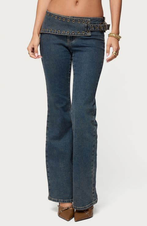Asymmetric Grommet Detail Low Rise Jeans (Blue Vintage Washed)