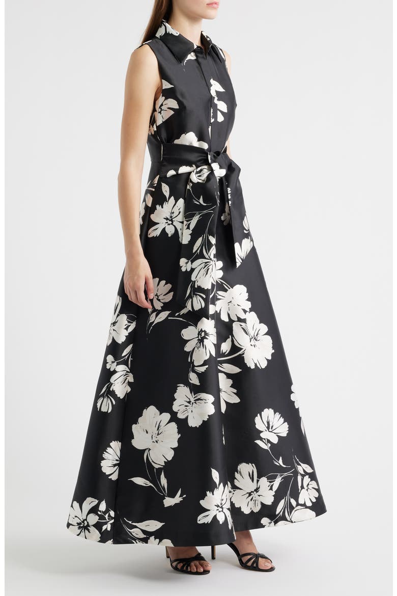 Floral Sleeveless Shirtdress Gown, Alternate, color, BLACK WHITE