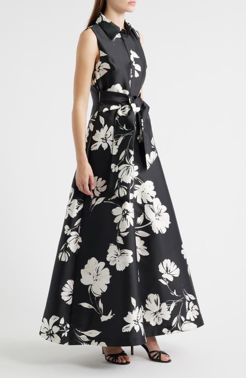 Julia Jordan Floral Sleeveless Shirtdress Gown In Black