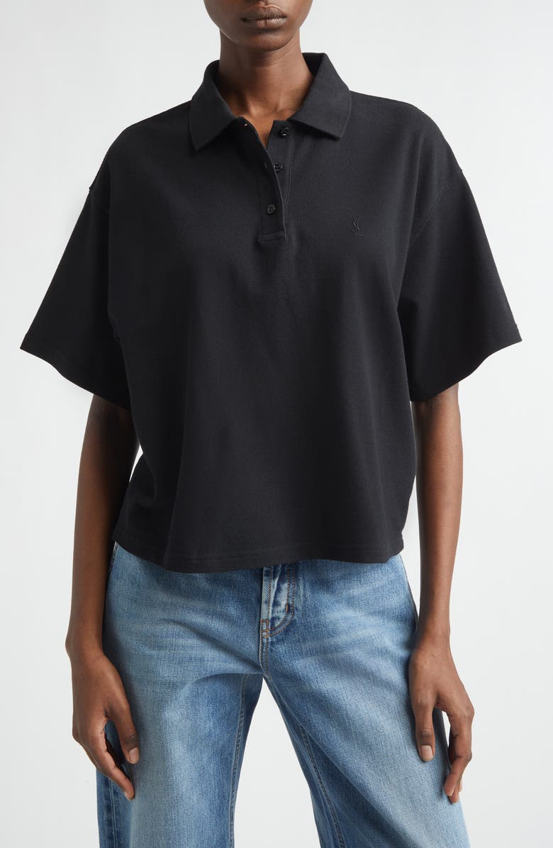 Saint Laurent Oversize Cotton Blend Piqué Polo, Main, color, Noir