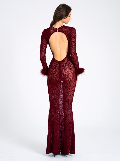 Miss Circle Women Patricia Burgundy Leopard Burnout Velvet Mesh Backless Maxi Dress In Brown
