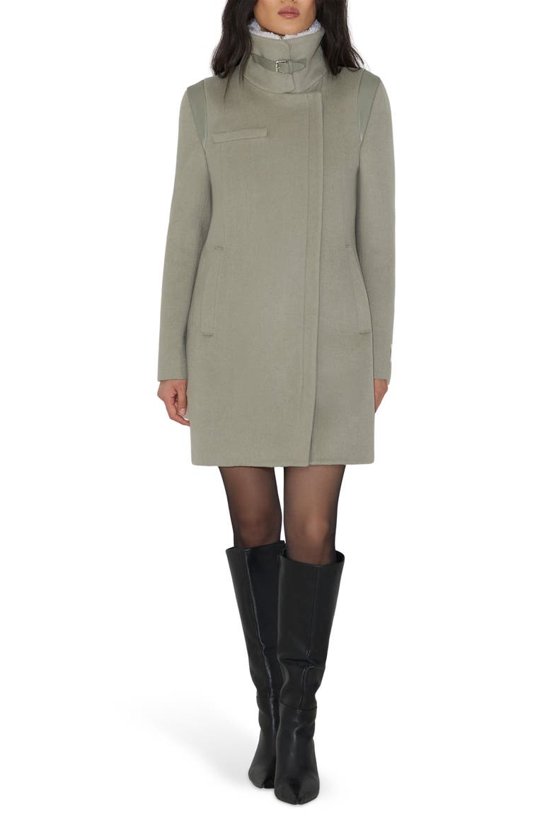 Kiana Mixed Media Wool Blend & Leather Coat, Main, color, SAGEBRUSH