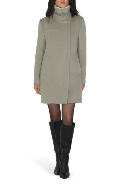 Kiana Mixed Media Wool Blend & Leather Coat
