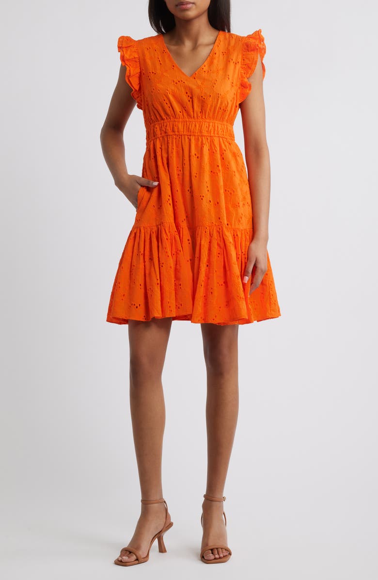 Anne Klein Embroidered Eyelet Cotton Ruffle Dress, Main, color, Bright Orange