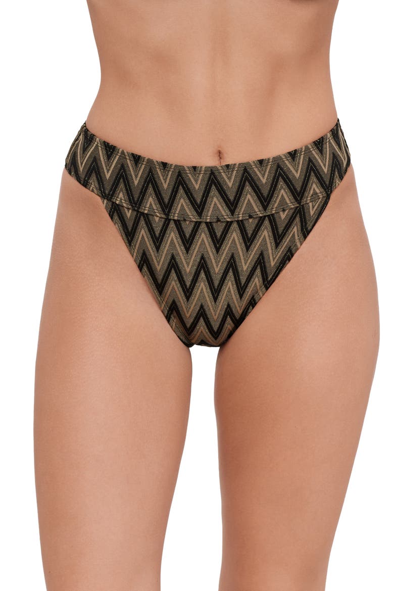 Metallic Banded High Leg High Waist Bikini Bottoms, Main, color, RAVEN BLACK