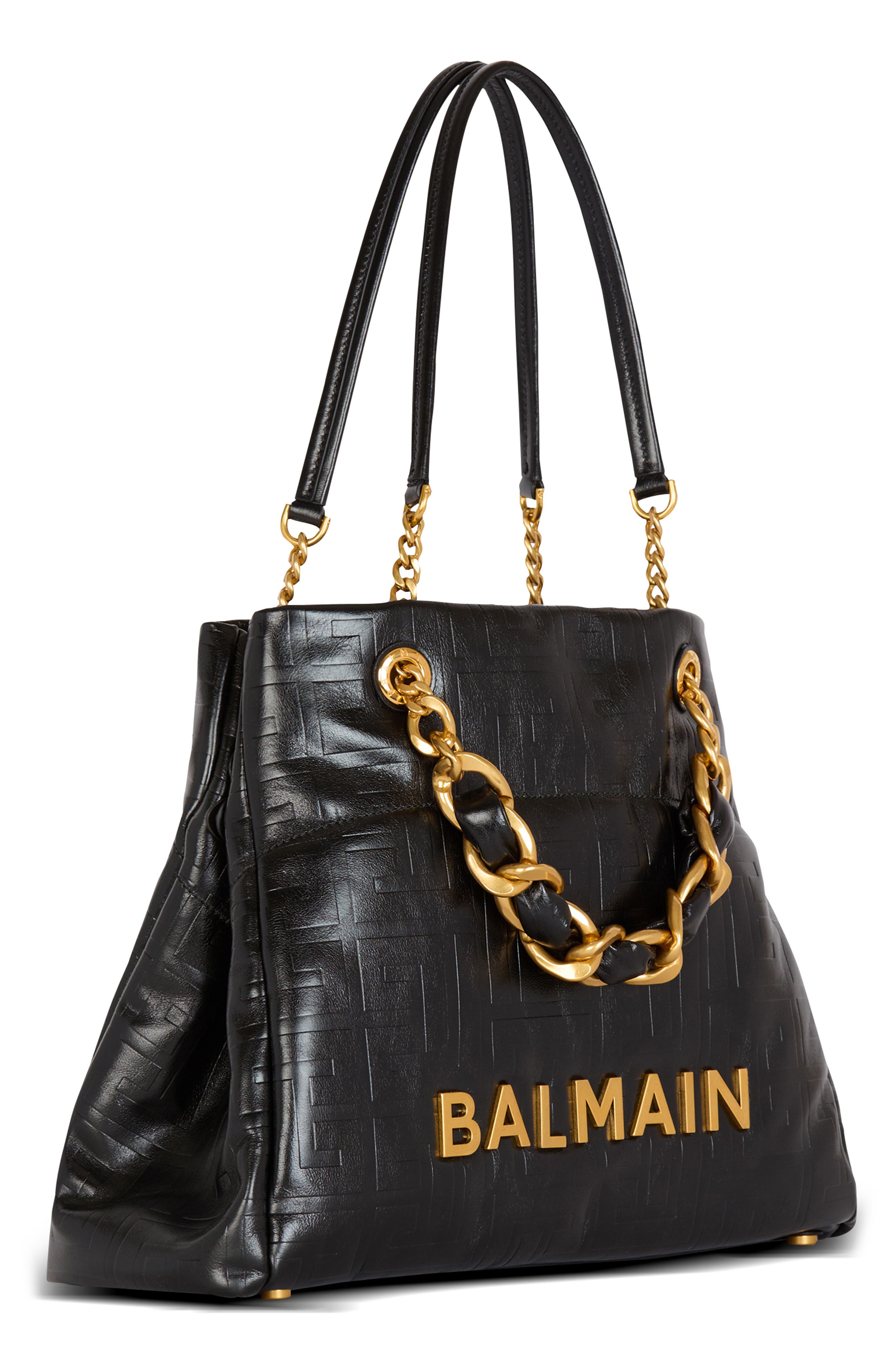 Balmain 1945 Monogram Embossed Soft Leather Tote, Alternate, color, 