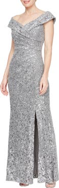 Alex Evenings Sequin Corded Lace Off the Shoulder Gown