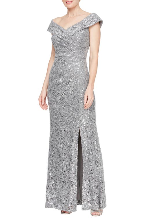 Alex Evenings Sequin Corded Lace Off The Shoulder Gown In Pewter