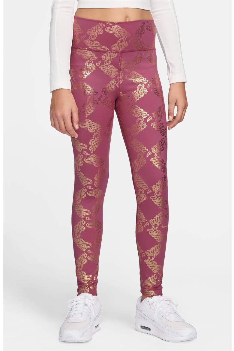 Kids' Dri-FIT Tights, Main, color, 634 SWEET BEET/METALLIC GOLD