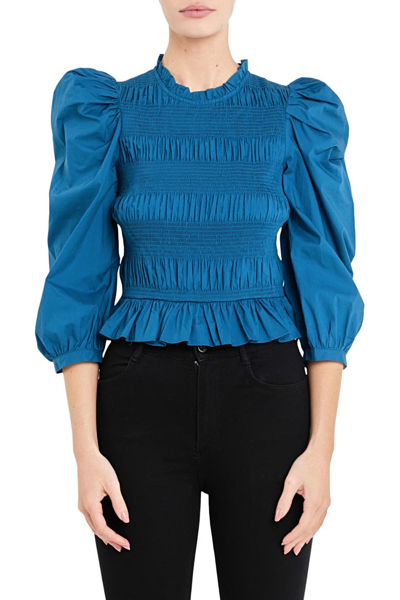 Smocked Puff Shoulder Poplin Top, Main, color, TEAL BLUE