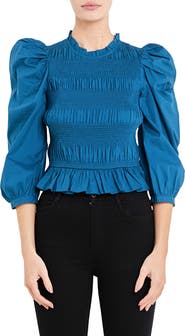 English Factory Smocked Puff Shoulder Poplin Top