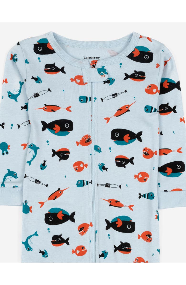 Leveret Footed Printed Cotton Pajamas, Animal, Holiday & Fun Prints, Alternate, color, Sharks Light Blue