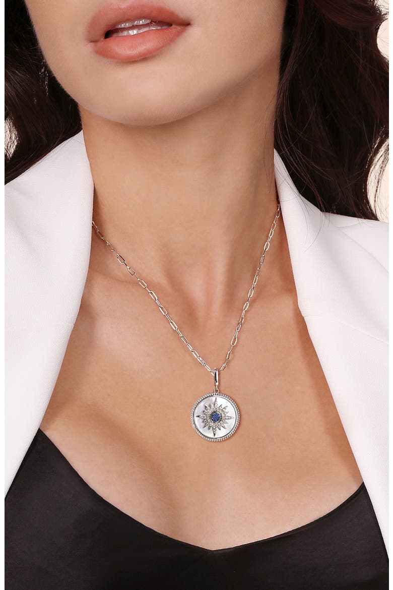 Blue & White Sapphire Medallion Pendant Charm, Alternate, color, STERLING SILVER