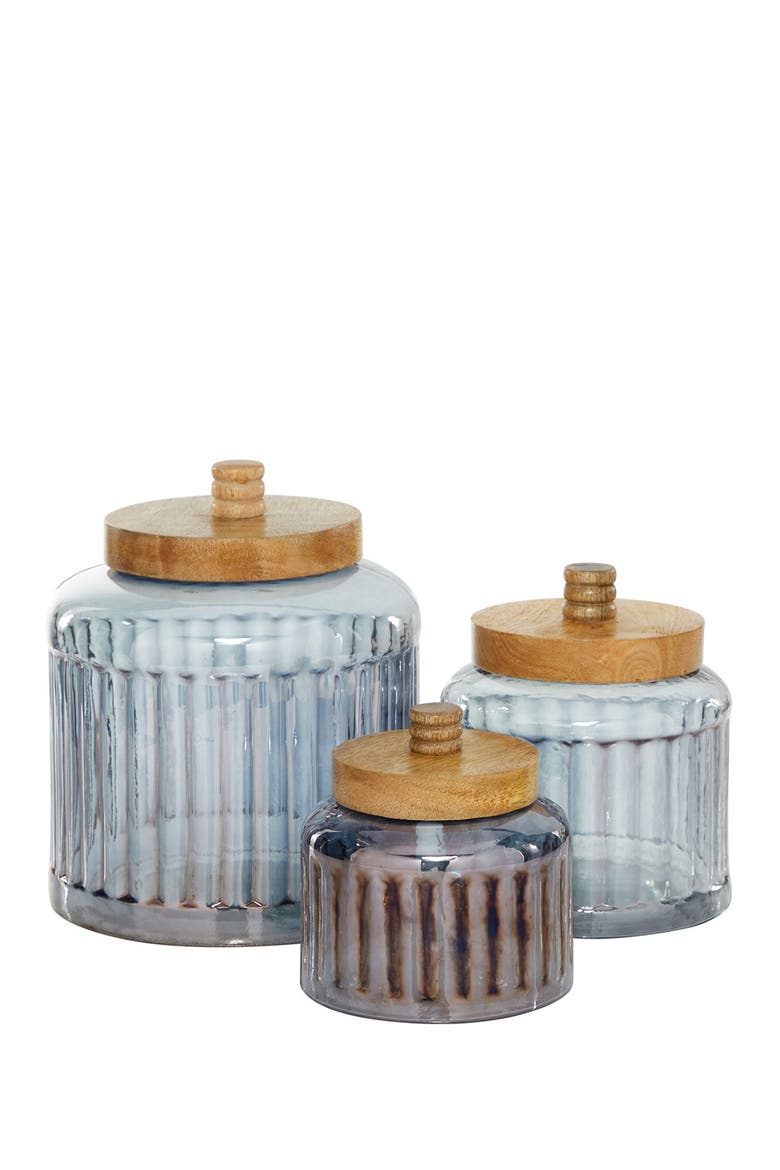 Gray Glass Decorative Jar with Wood Lid - Set of 3, Alternate, color, GREY