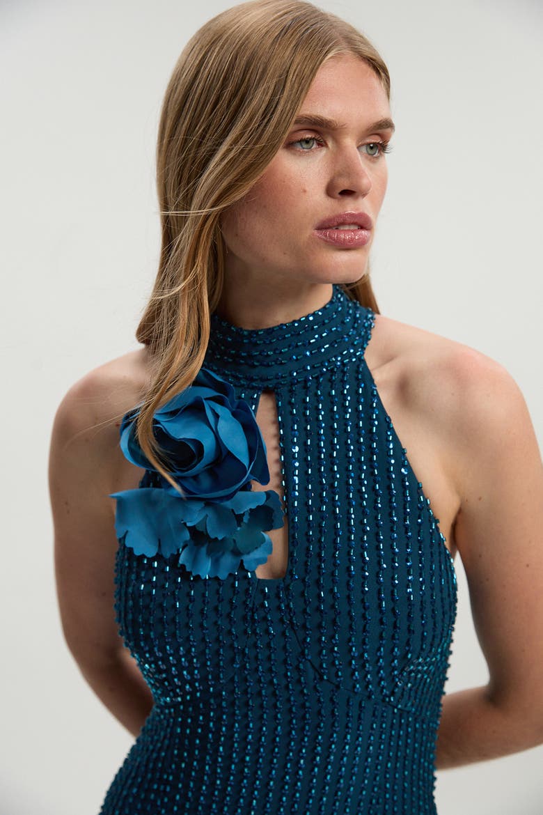 Petite Woven Maxi Rosette Dress, Alternate, color, Teal
