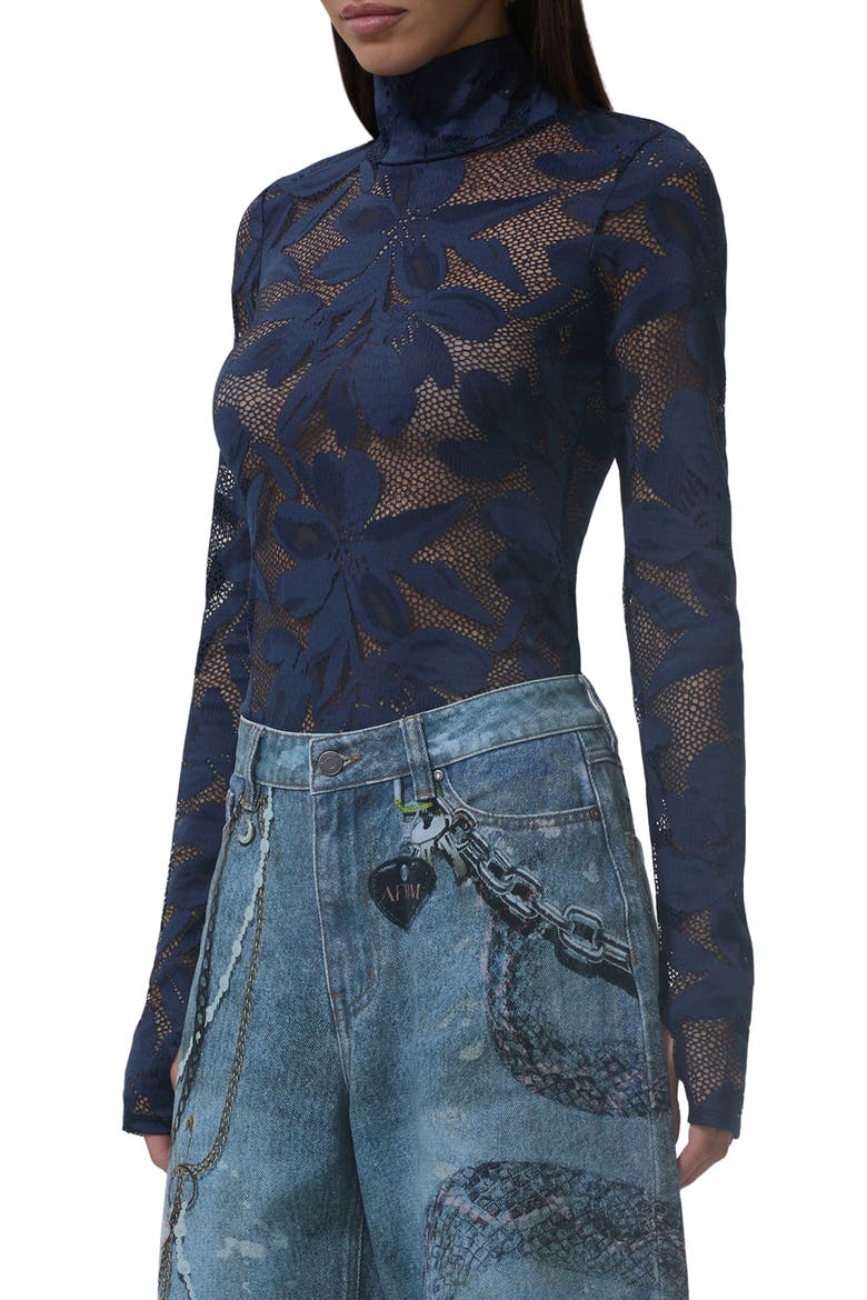 Zadie Turtleneck Sheer Lace Top, Alternate, color, BLACK IRIS