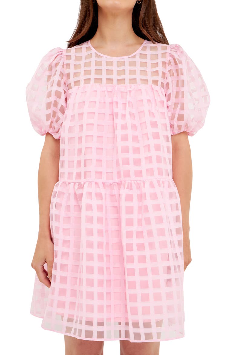 Gridded Puff Sleeve Dress, Alternate, color, PINK