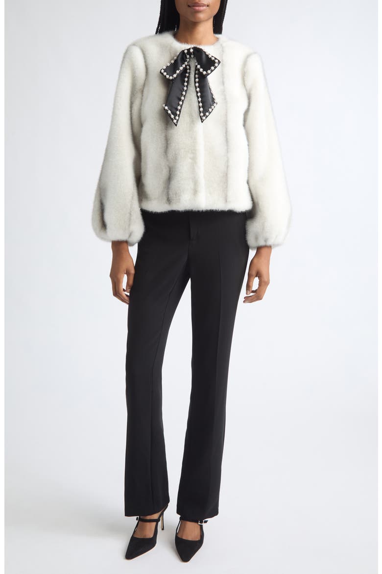 Benson Satin Bow Faux Fur Coat, Alternate, color, IVORY/BLACK