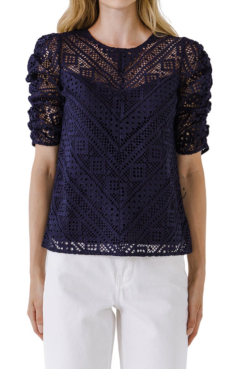 Endless Rose Chevron Stripe Lace Top, Alternate, color, Navy