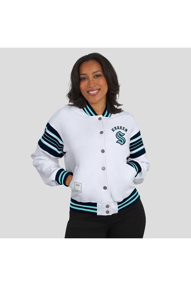 Women's WEAR by Erin Andrews White/Deep Sea Blue Seattle Kraken Full-Snap Fleece Sweatshirt Jacket, Alternate, color, Blue
