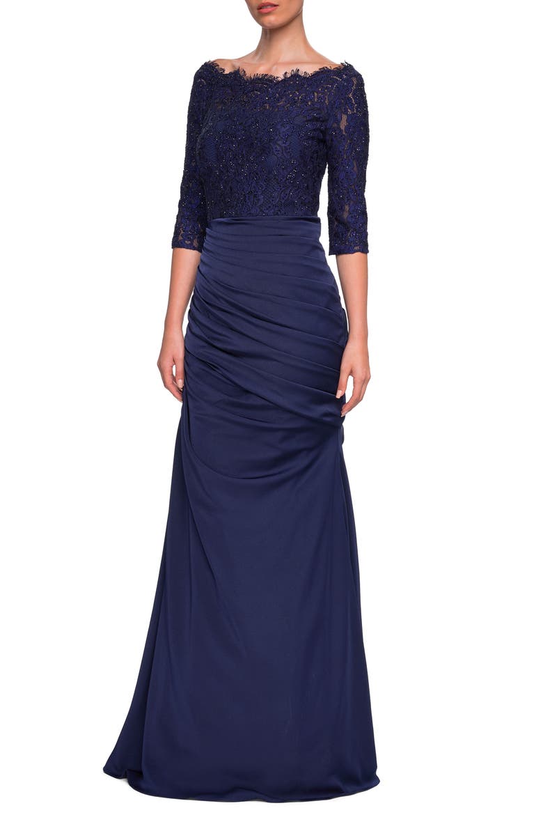 Gathered Mermaid Satin Gown with Lace Top, Main, color, NAVY
