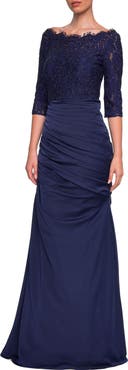 La Femme Gathered Mermaid Satin Gown with Lace Top