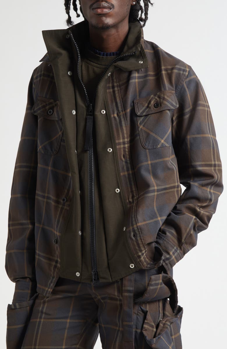 Sacai Plaid Shirt Jacket, Alternate, color, Brown/ Blue