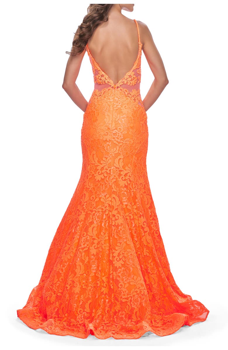 La Femme Long Mermaid Lace Dress with Back Rhinestone Detail, Alternate, color, Bright Orange