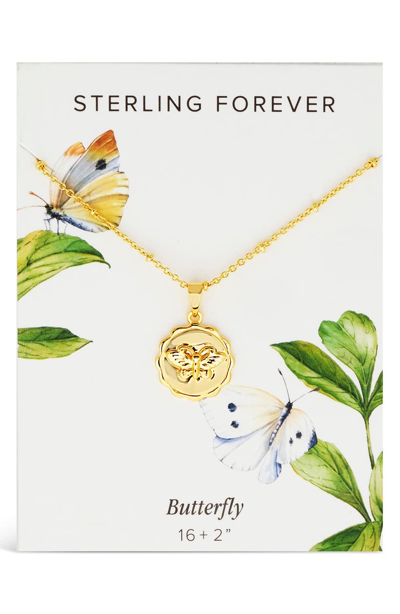 Sterling Forever 14K Gold Plated Butterfly Beaded Chain Pendant Necklace, Main, color, 