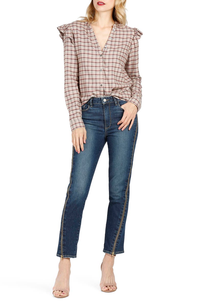 PAIGE Jenelle Ruffle Plaid Shirt, Alternate, color, Champagne Multi