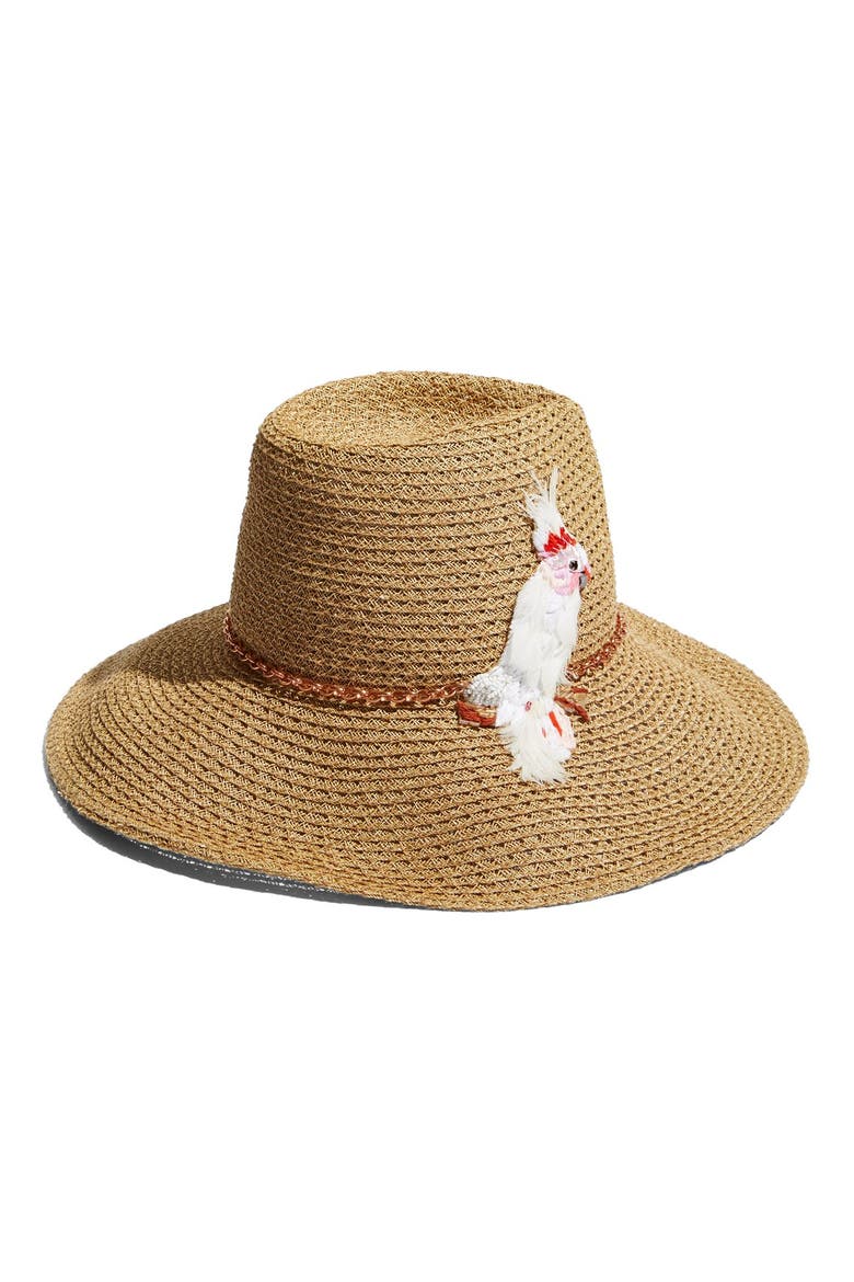 'Emmanuelle' Cockatoo Ornament Straw Hat, Alternate, color, CAMEL
