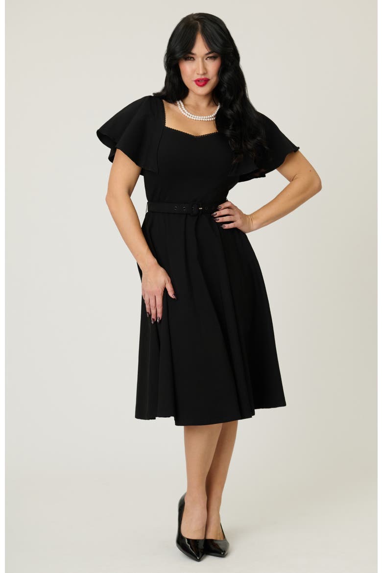 Flutter Sleeve Belted Swing Dress, Alternate, color, Solid Black
