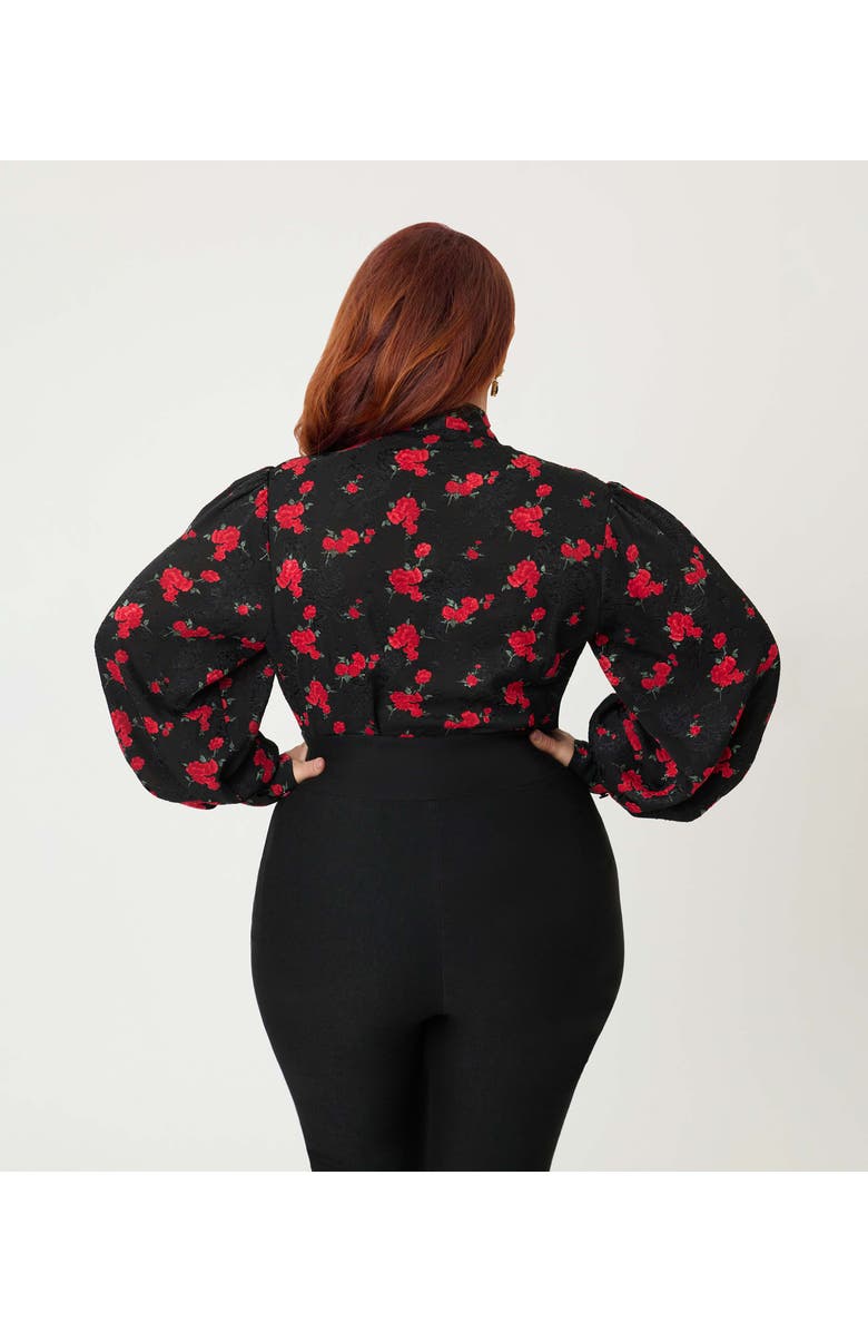 Unique Vintage Plus Size Long Sleeve Neck Tie Gwen Blouse, Alternate, color, Black & Red Rose Print