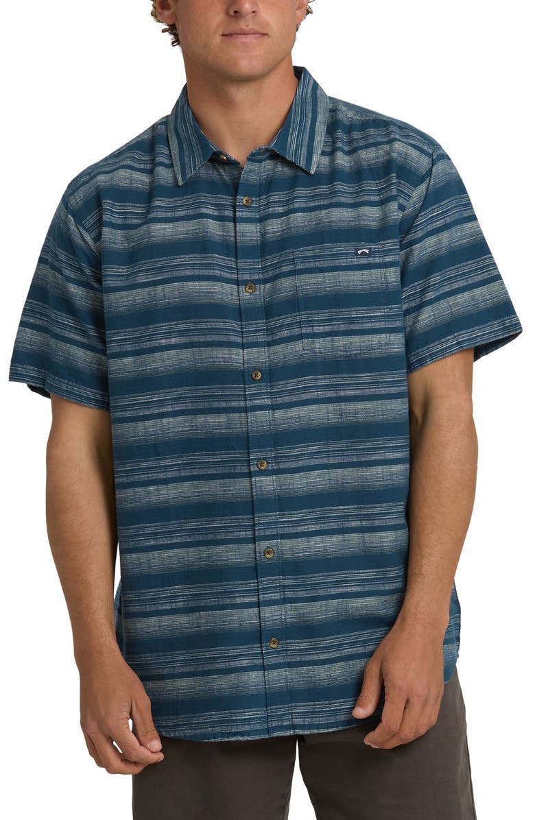 Billabong All Day Stripe Short Sleeve Button-Up Shirt, Main, color, Dark Denim