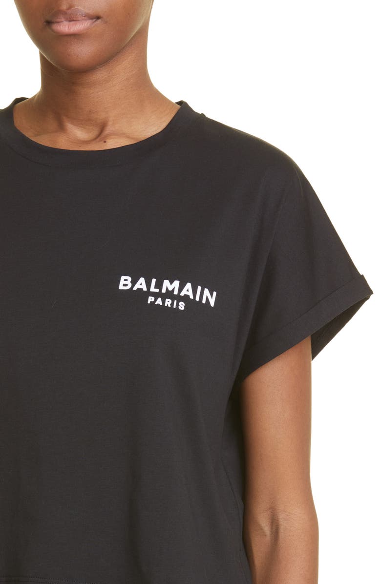 Balmain Flocked Logo Crop T-Shirt, Alternate, color,