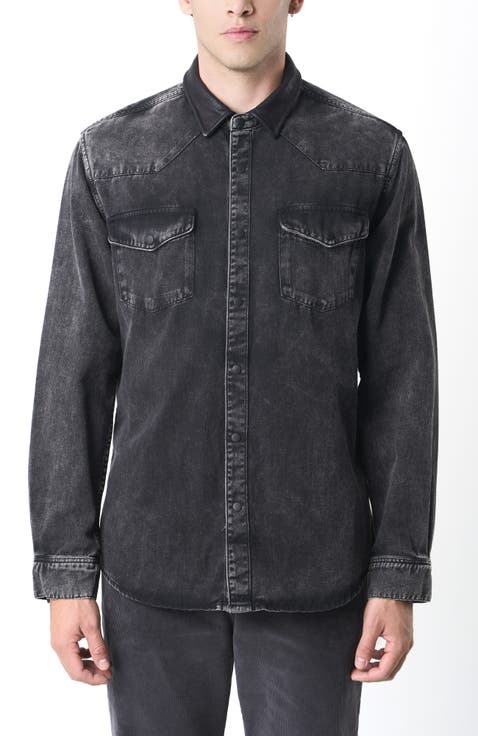 Long-Sleeve Cotton Overshirt With Denim and Leather