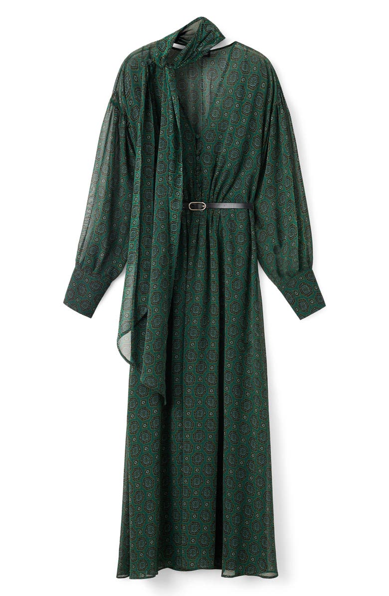 MANGO Medallion Print Long Sleeve Dress with Removable Scarf, Main, color, Green