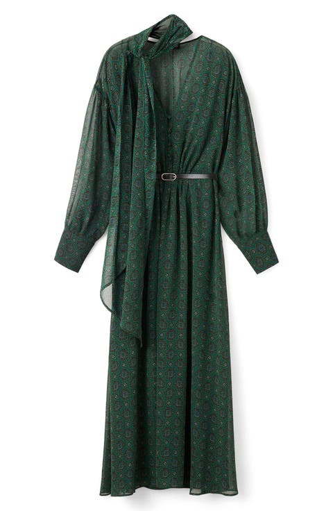Medallion Print Long Sleeve Dress with Removable Scarf