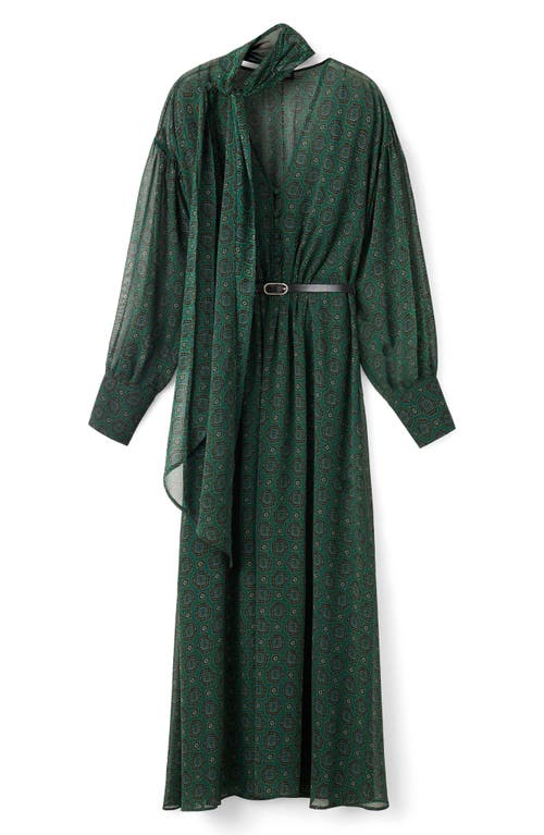 Mango Medallion Print Long Sleeve Dress With Removable Scarf In Green