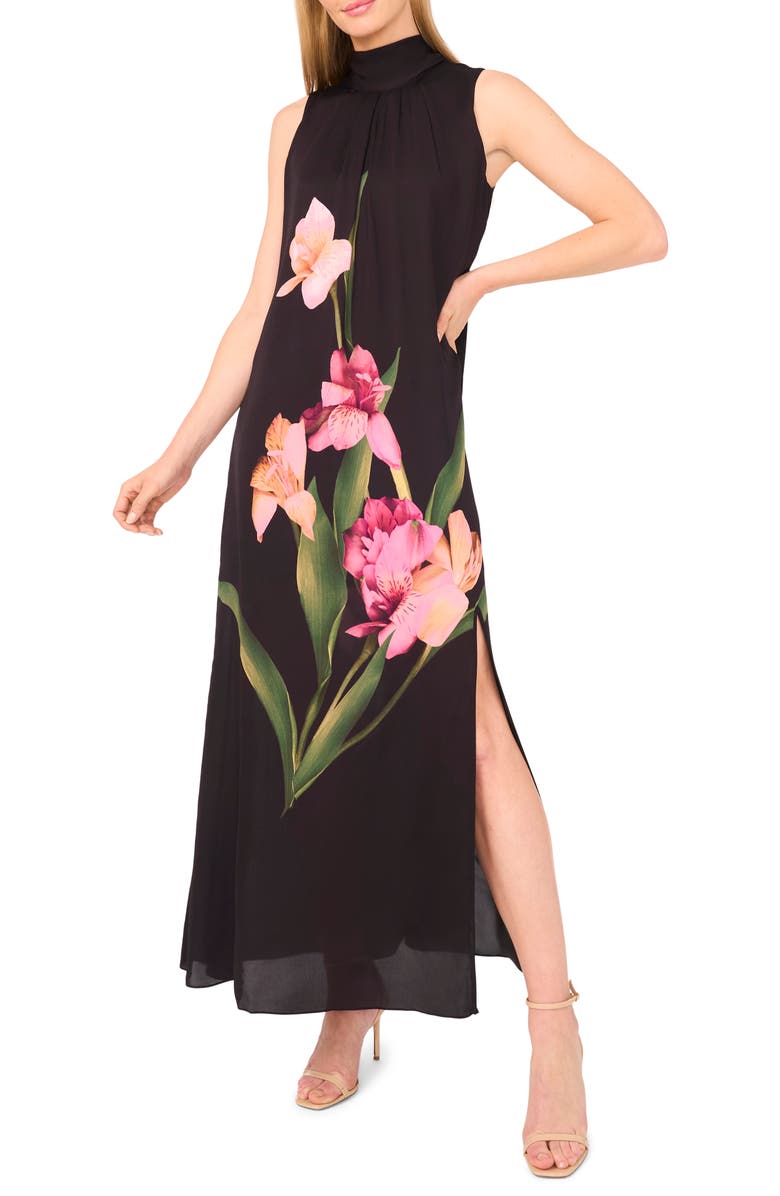 Ted Baker Placed Floral Bow Back Dress, Main, color, Rich Black